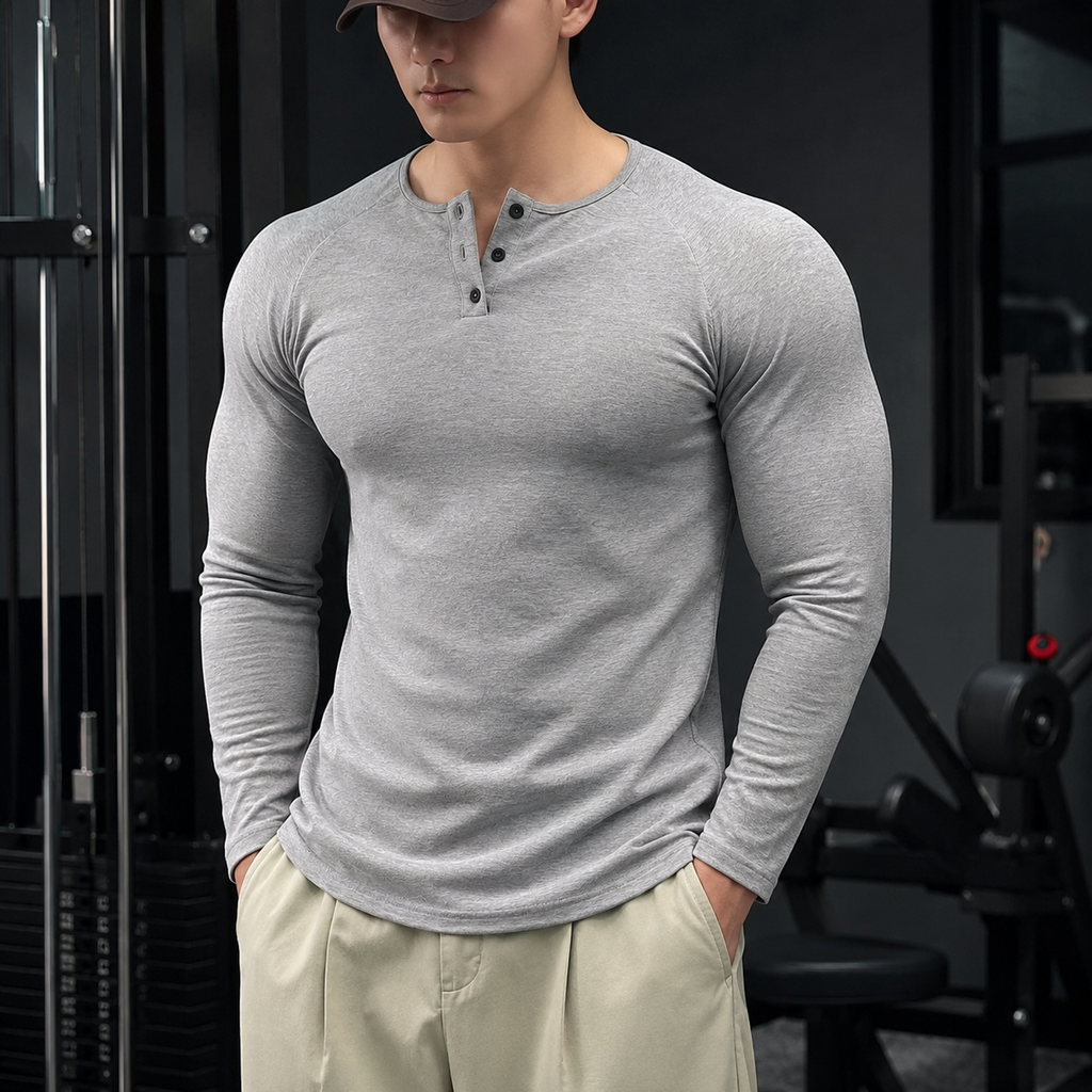 VAREN FORM Ribbed Raglan Long Sleeve Henley Shirt light grey model front