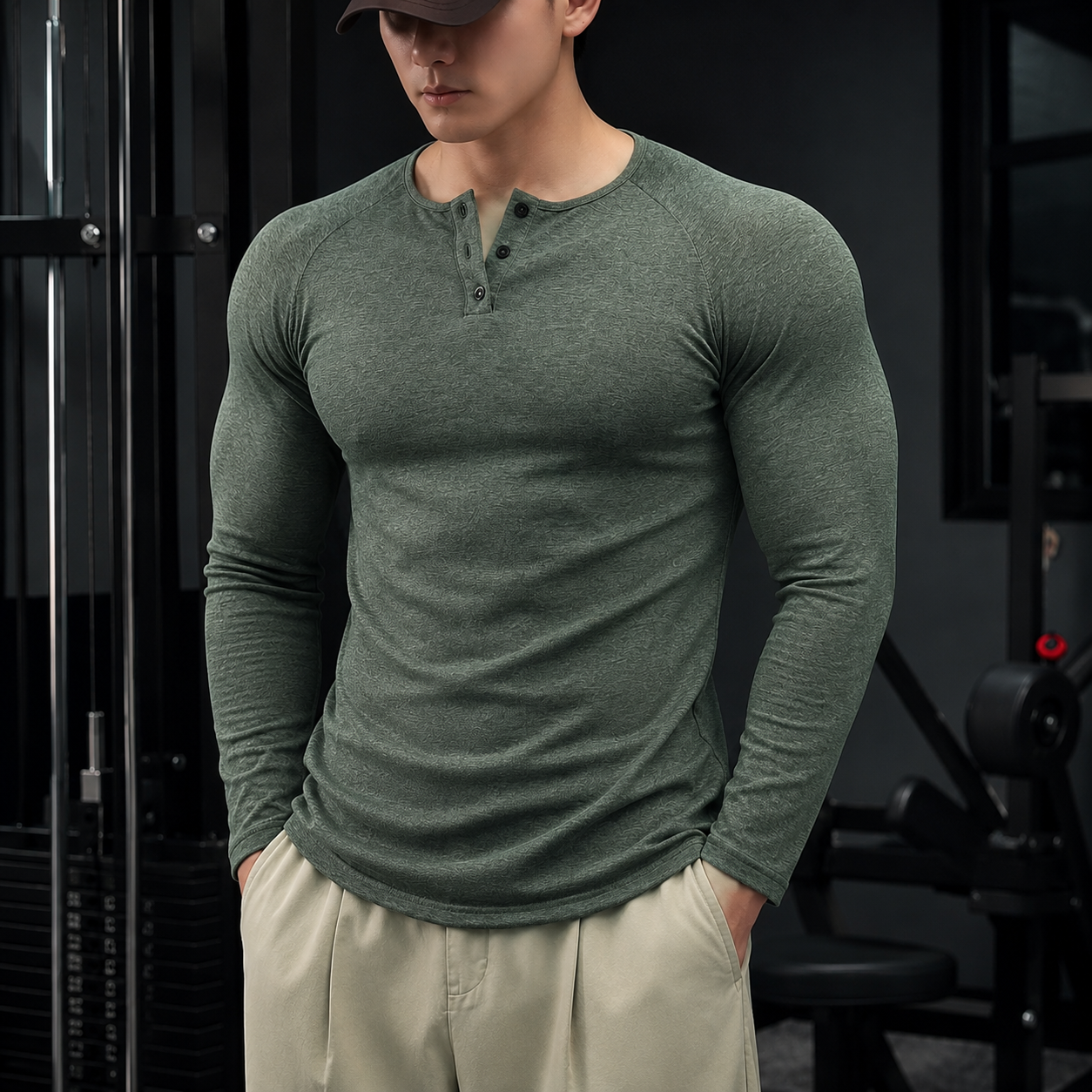 VAREN FORM Ribbed Raglan Long Sleeve Henley Shirt olive green model front