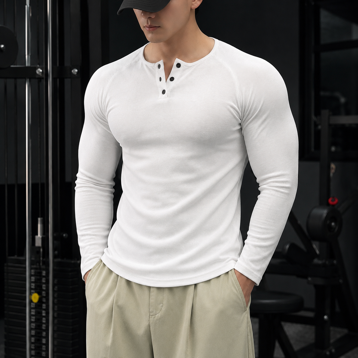VAREN FORM Ribbed Raglan Long Sleeve Henley Shirt white model front