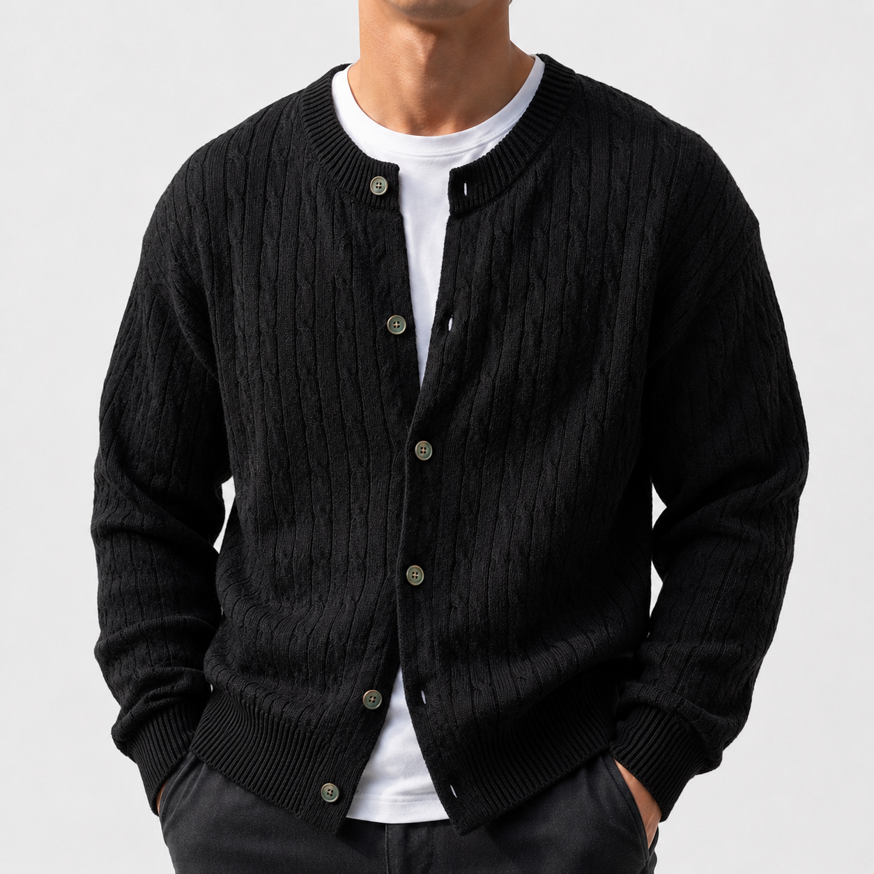 VAREN FORM Round Neck Button Cable Knit Cardigan black model front