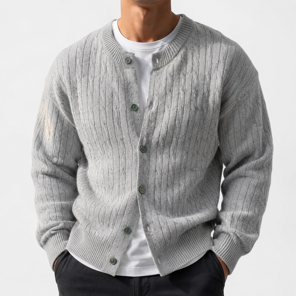 VAREN FORM Round Neck Button Cable Knit Cardigan light grey model front