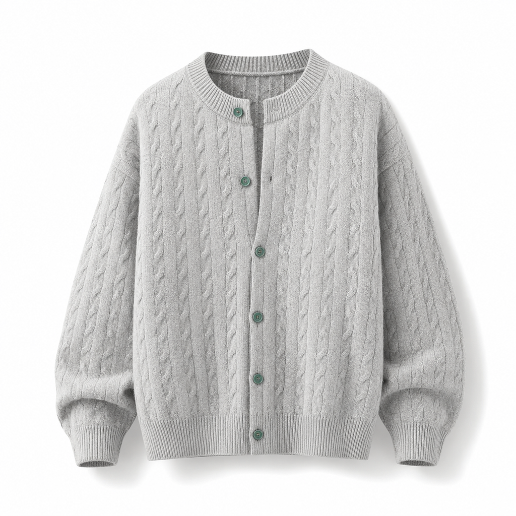 VAREN FORM Round Neck Button Cable Knit Cardigan light grey product front