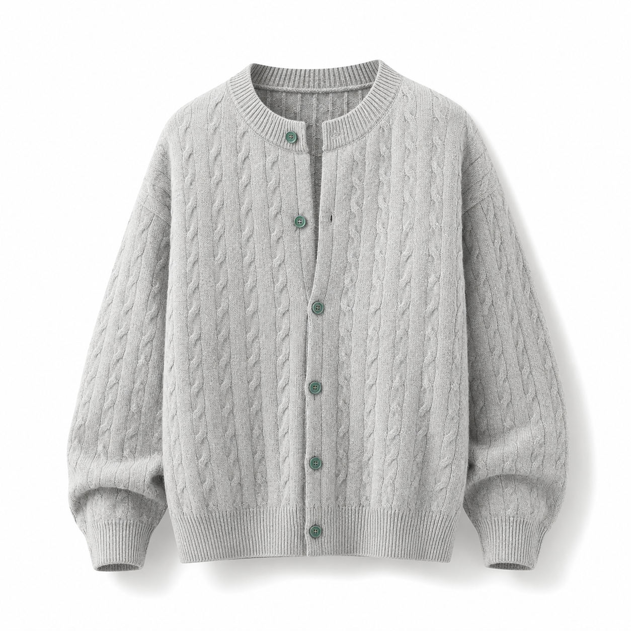 VAREN FORM Round Neck Button Cable Knit Cardigan light grey product front