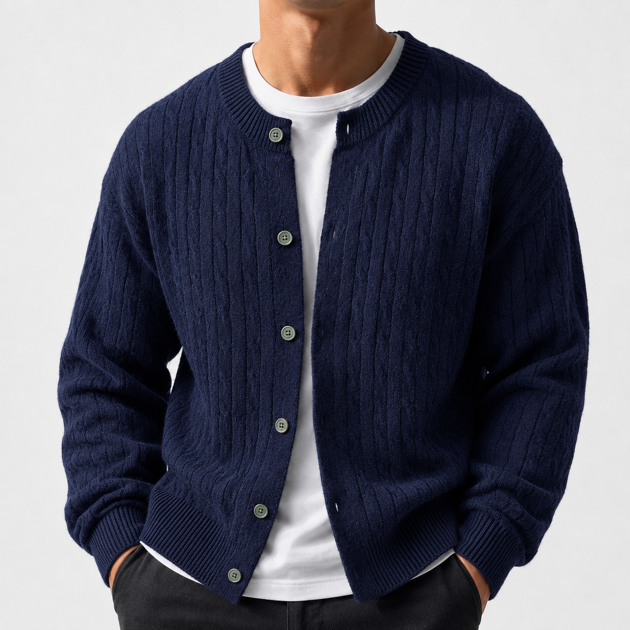 VAREN FORM Round Neck Button Cable Knit Cardigan navy model front