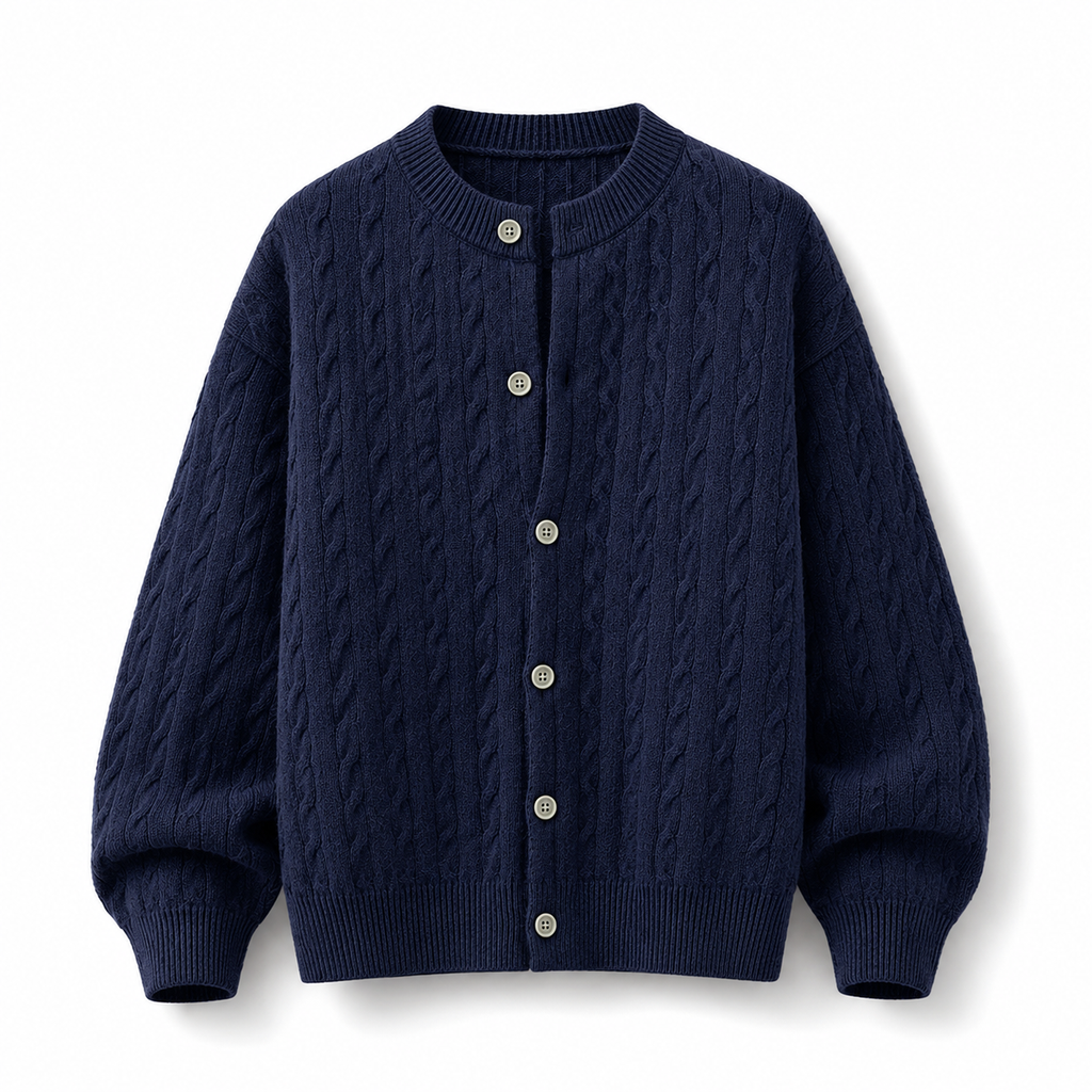 VAREN FORM Round Neck Button Cable Knit Cardigan navy product front