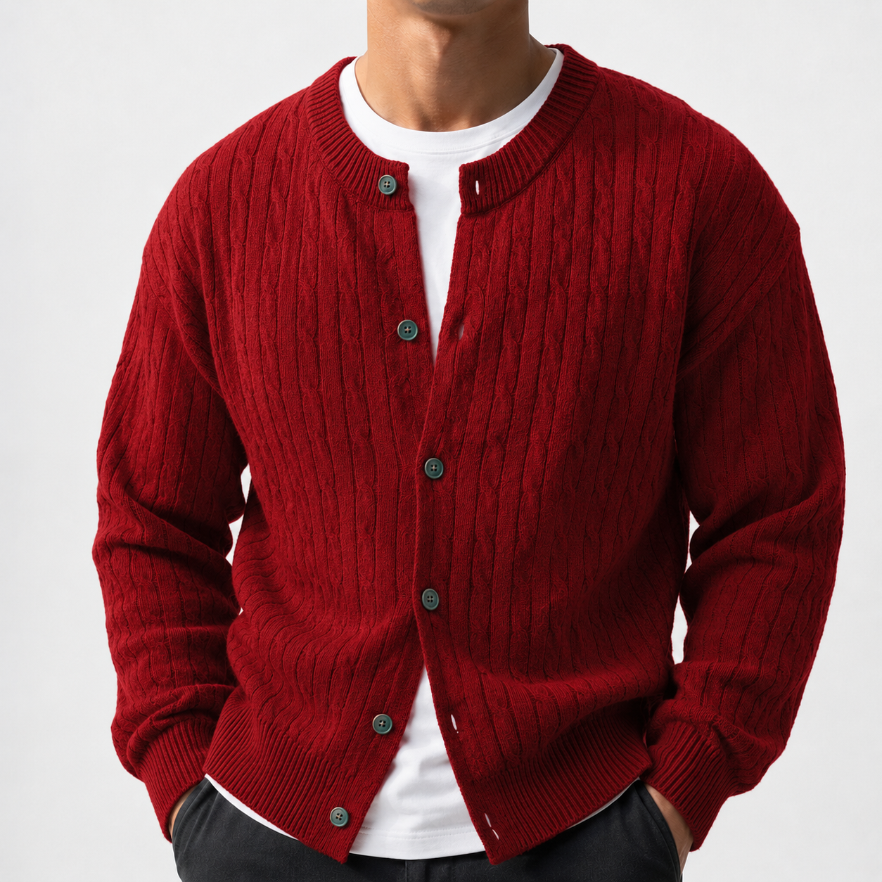 VAREN FORM Round Neck Button Cable Knit Cardigan red model front