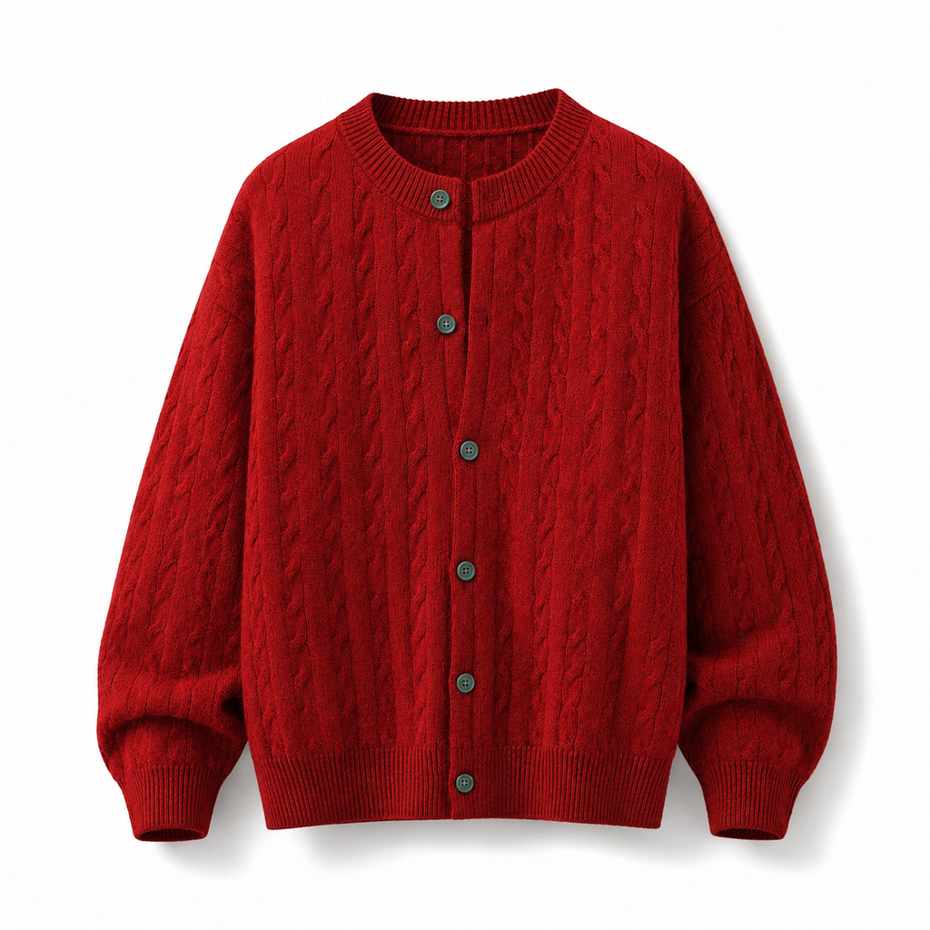 VAREN FORM Round Neck Button Cable Knit Cardigan red product front