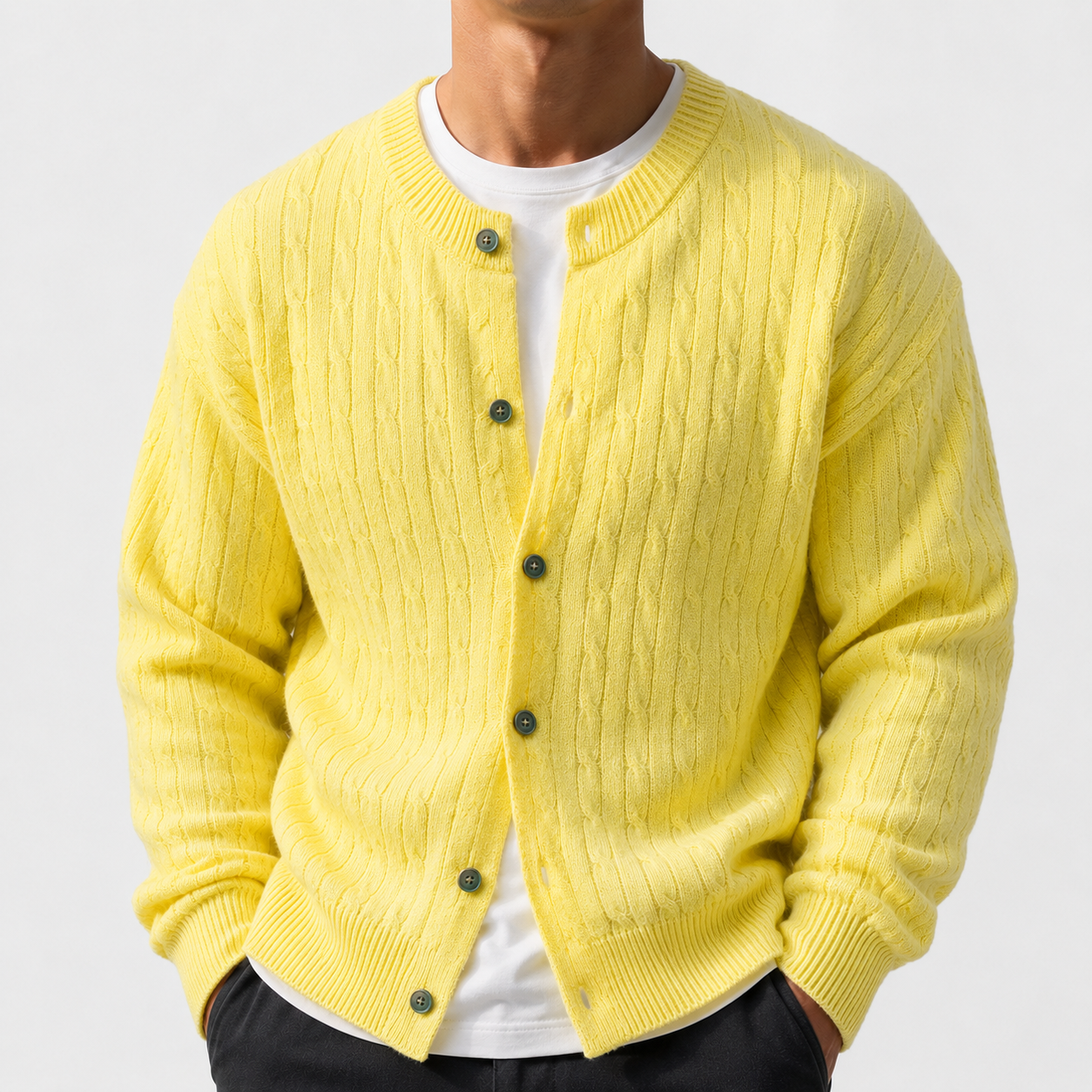 VAREN FORM Round Neck Button Cable Knit Cardigan yellow model front