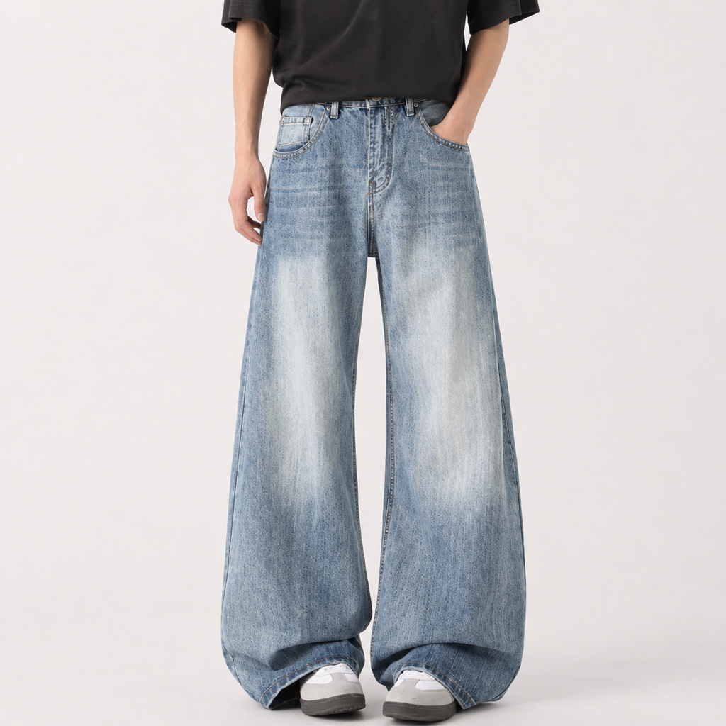 VAREN FORM Slub Washed Loose Straight Jeans blue wash model front