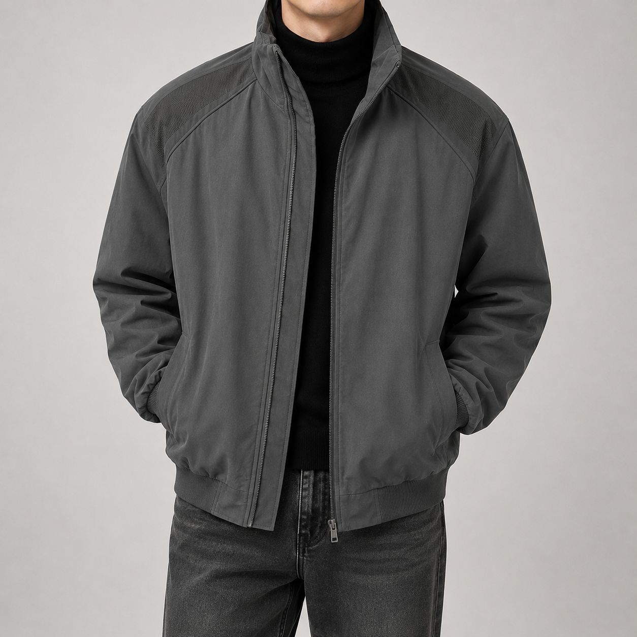 VAREN FORM Stand Collar Bomber Flight Jacket charcoal grey model front
