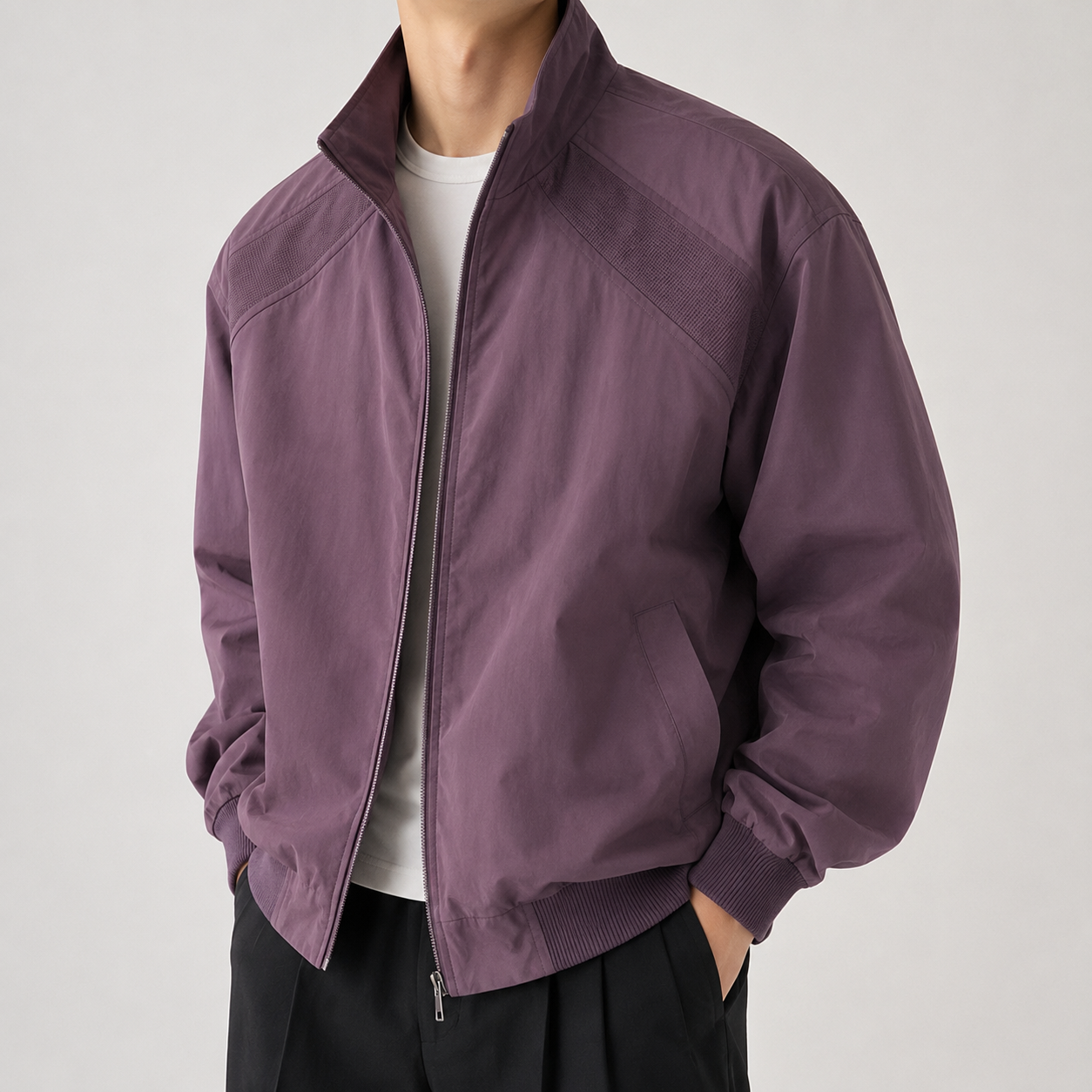 VAREN FORM Stand Collar Bomber Flight Jacket purple model front
