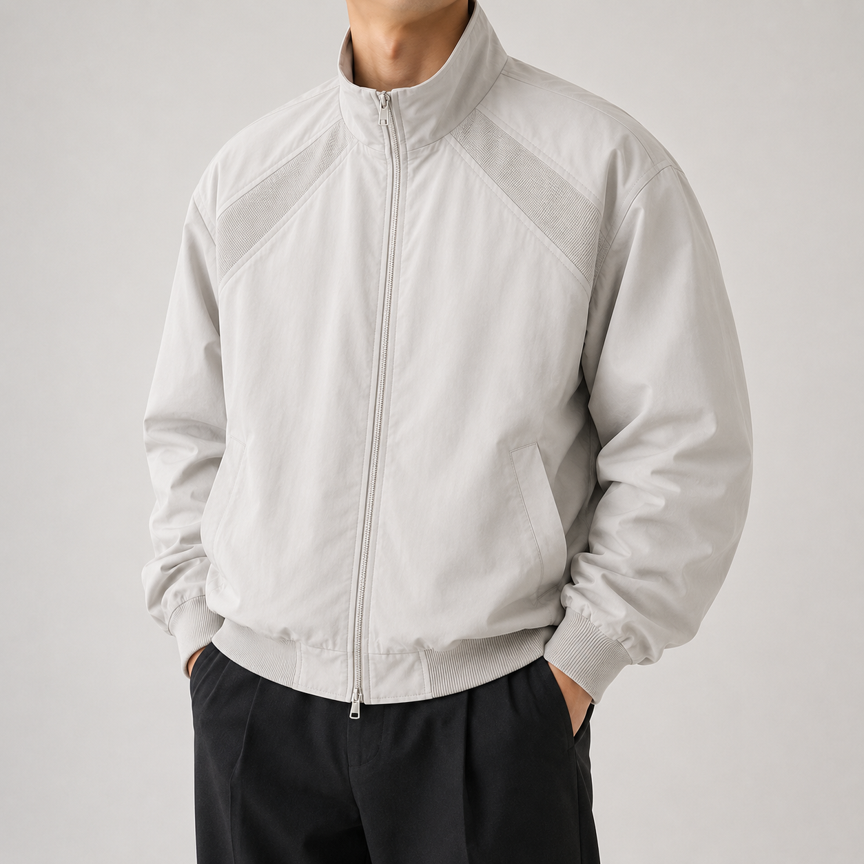 VAREN FORM Stand Collar Bomber Flight Jacket white model front