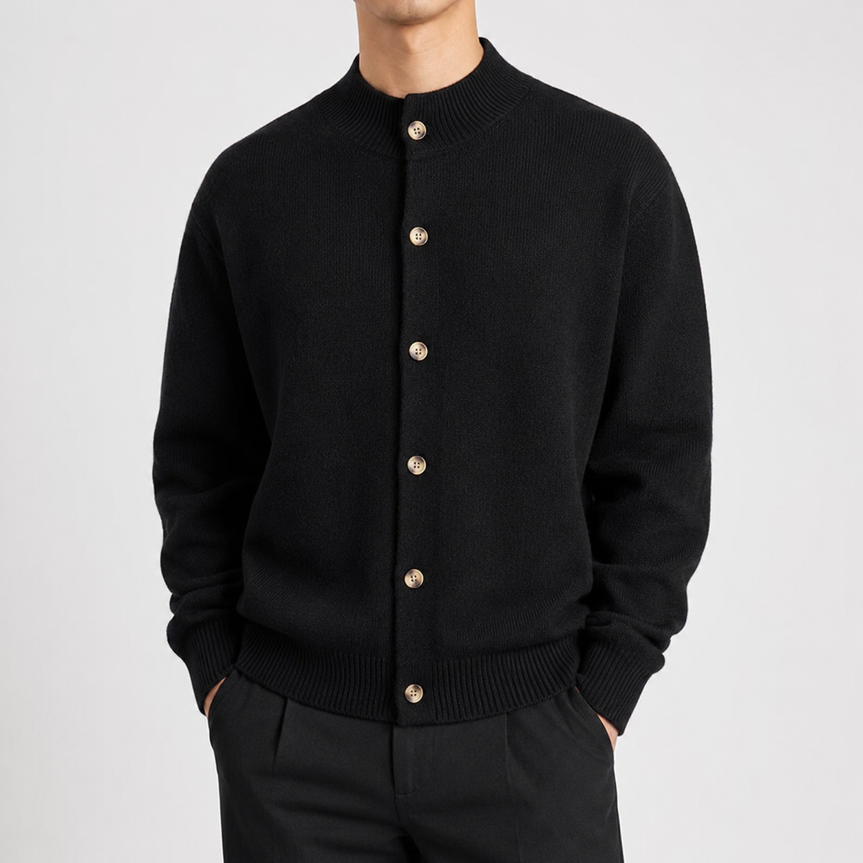 VAREN FORM Stand Collar Button Knit Cardigan black model front