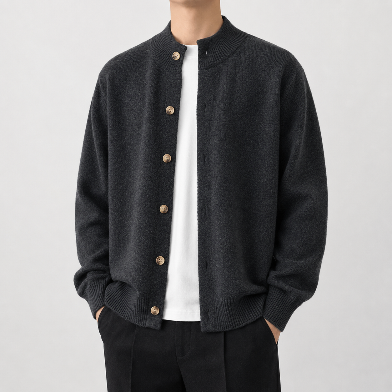 VAREN FORM Stand Collar Button Knit Cardigan charcoal grey model front