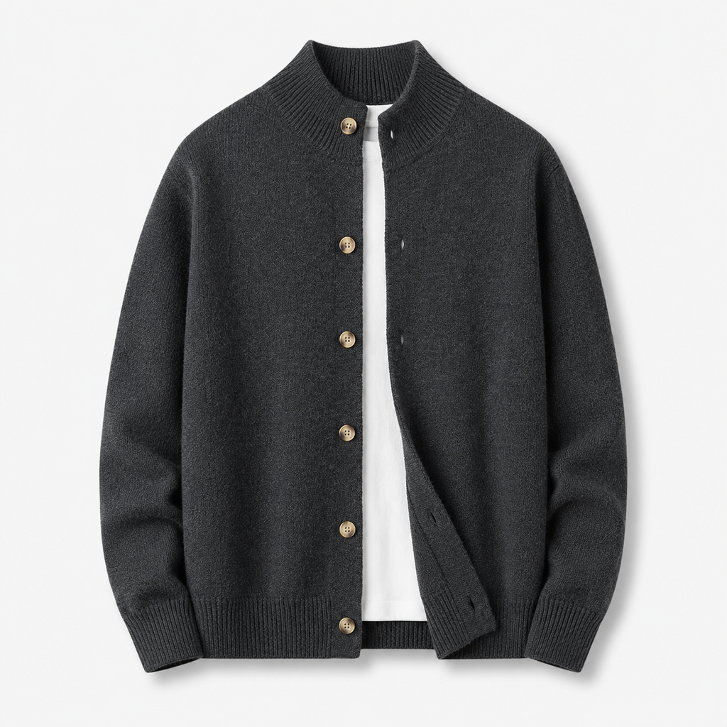 VAREN FORM Stand Collar Button Knit Cardigan charcoal grey product front