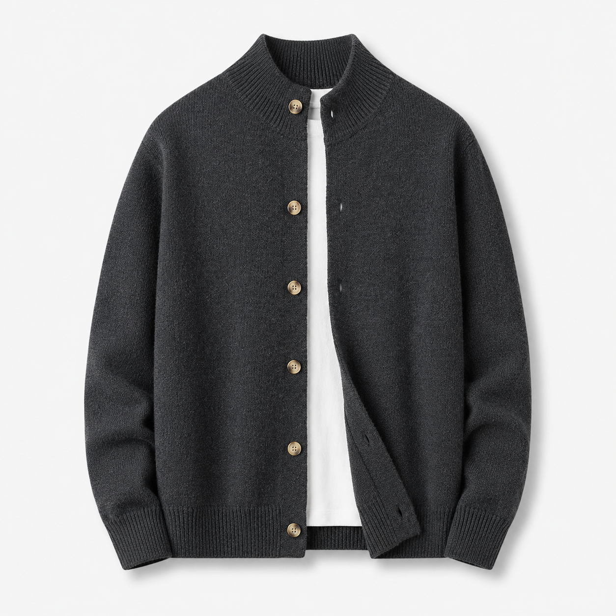 VAREN FORM Stand Collar Button Knit Cardigan charcoal grey product front