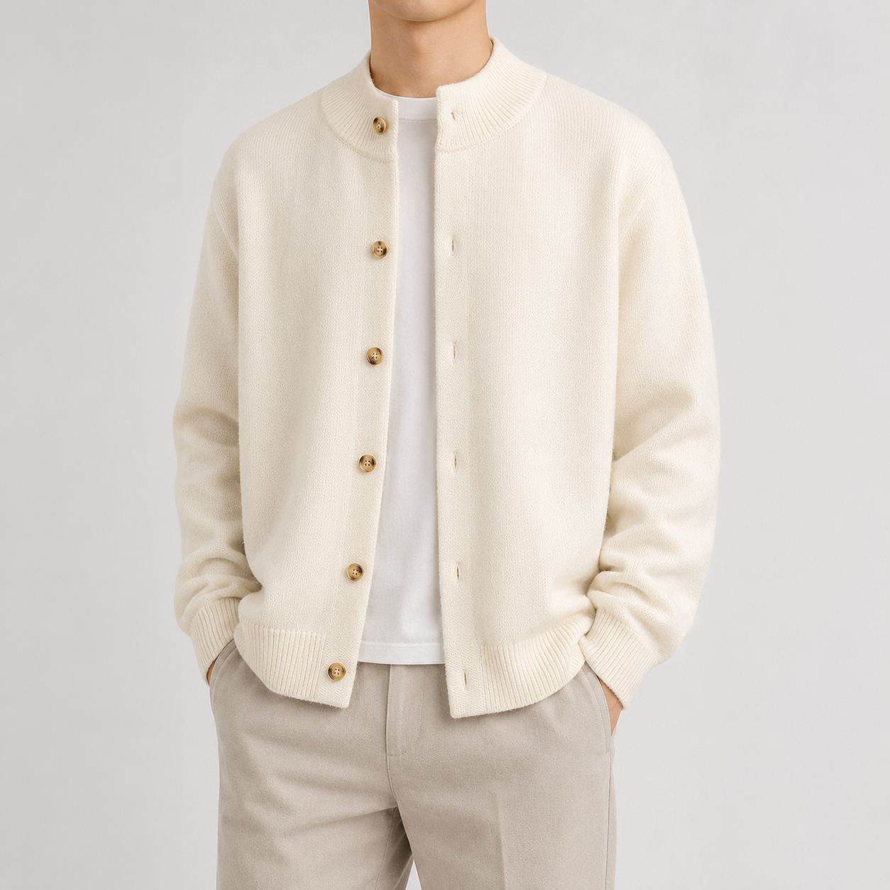 VAREN FORM Stand Collar Button Knit Cardigan ivory model front