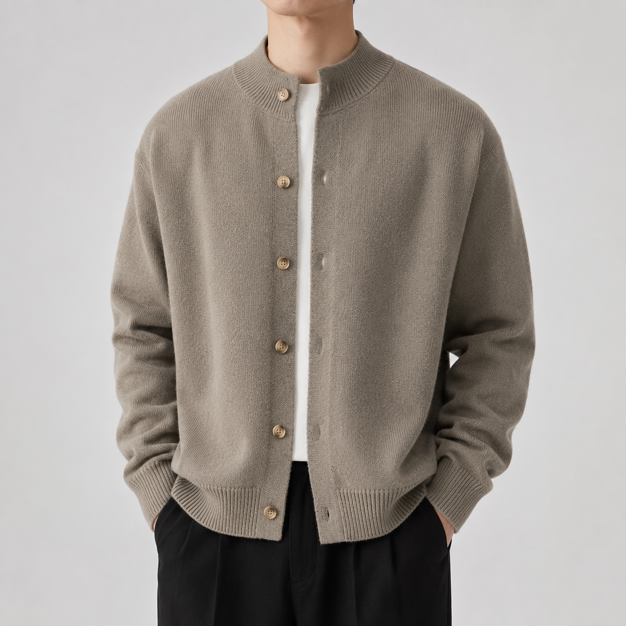 VAREN FORM Stand Collar Button Knit Cardigan khaki brown model front