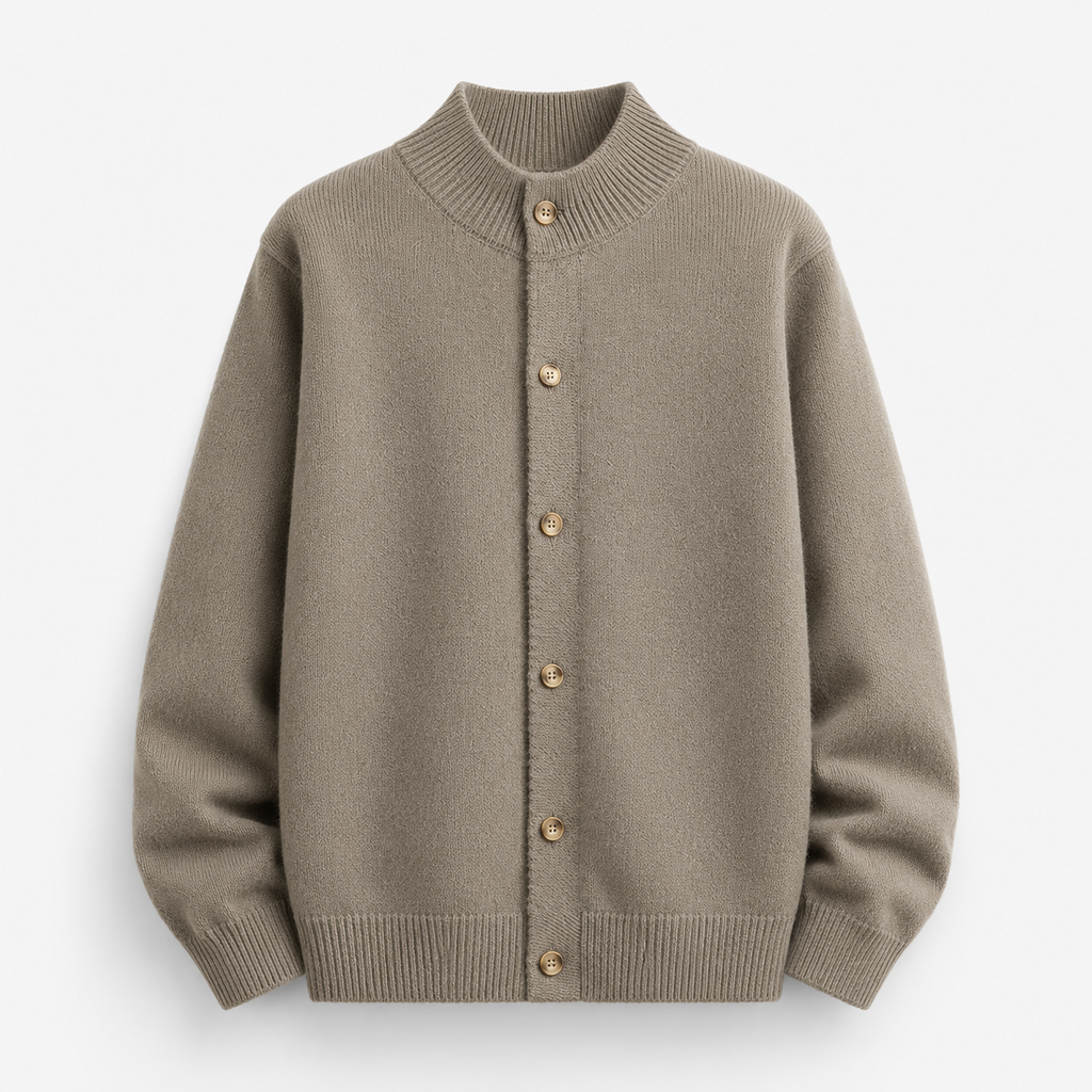 VAREN FORM Stand Collar Button Knit Cardigan khaki brown product front