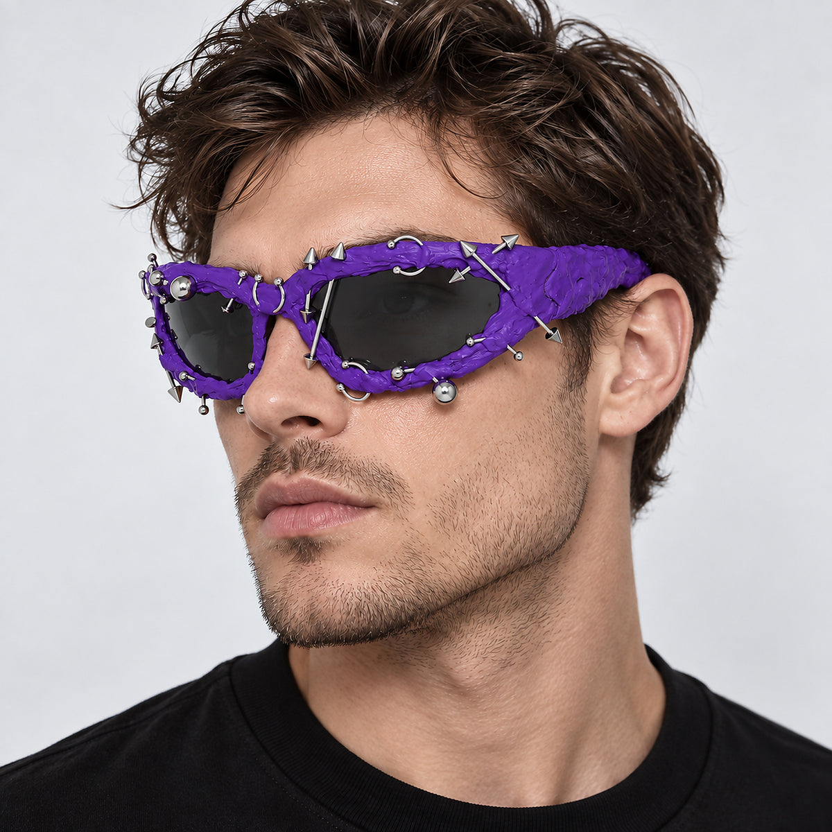 Studded Gothic Shield Sunglasses - purple worn view