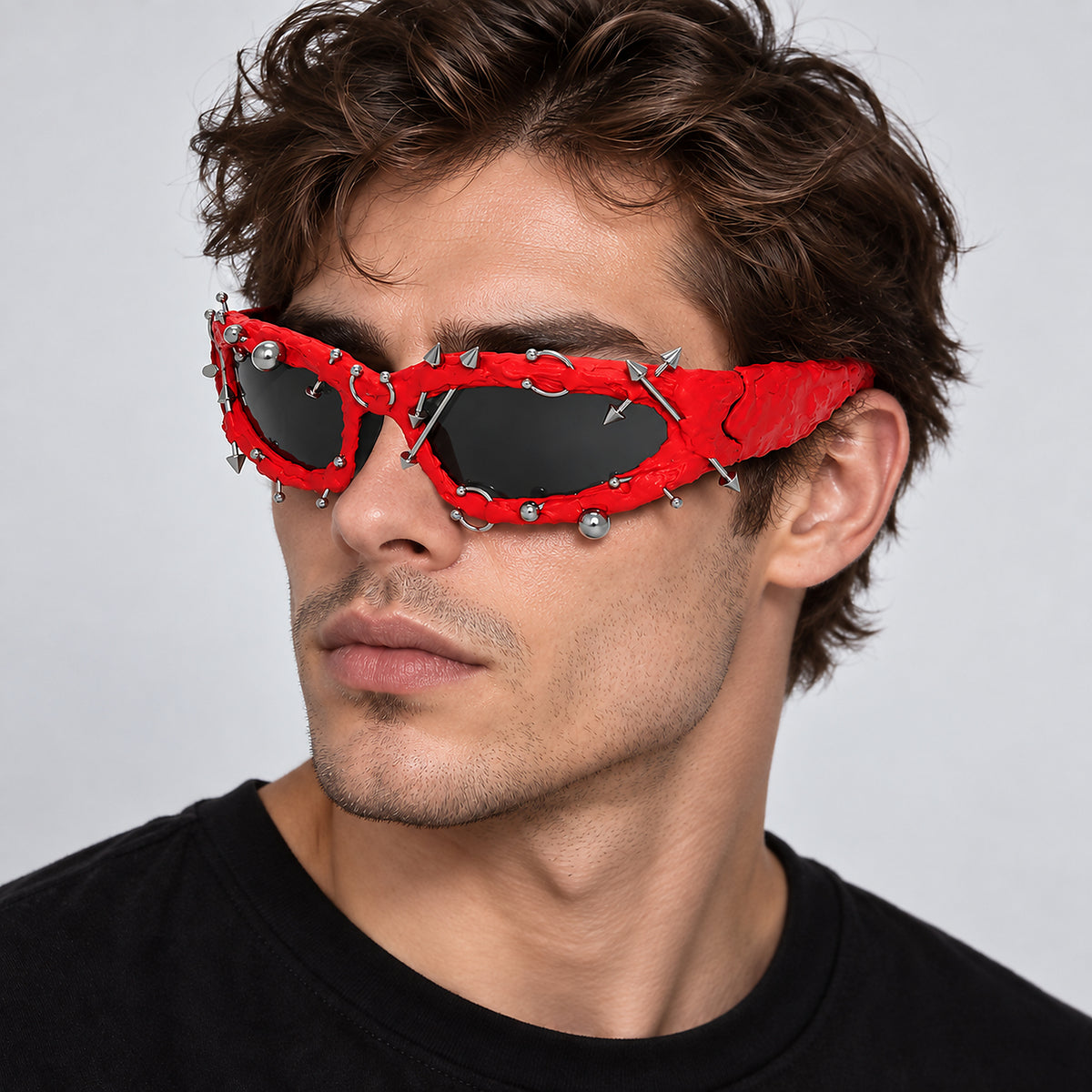 Studded Gothic Shield Sunglasses - red worn view