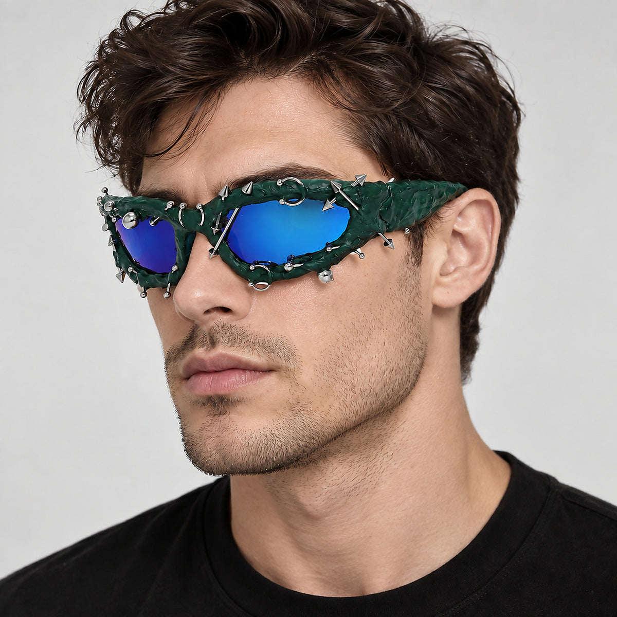 Studded Gothic Shield Sunglasses - green worn view