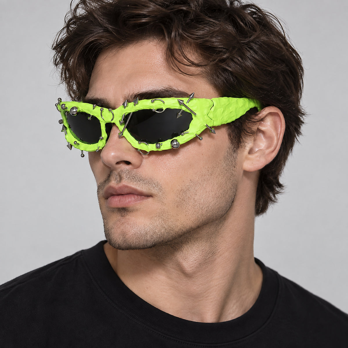 Studded Gothic Shield Sunglasses - neon green worn view
