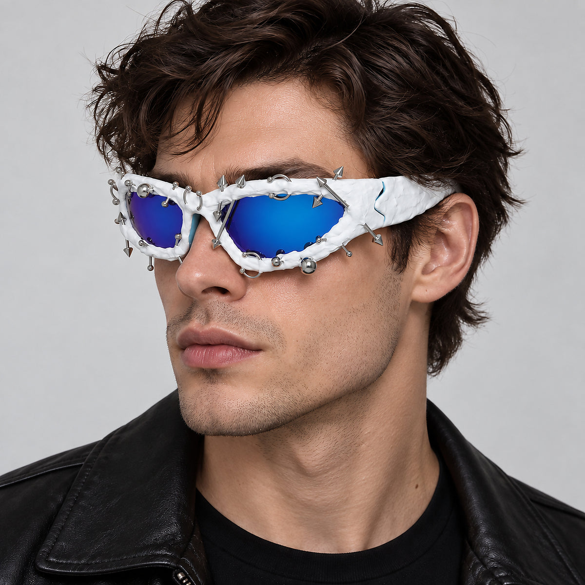 Studded Gothic Shield Sunglasses - blue/white worn view