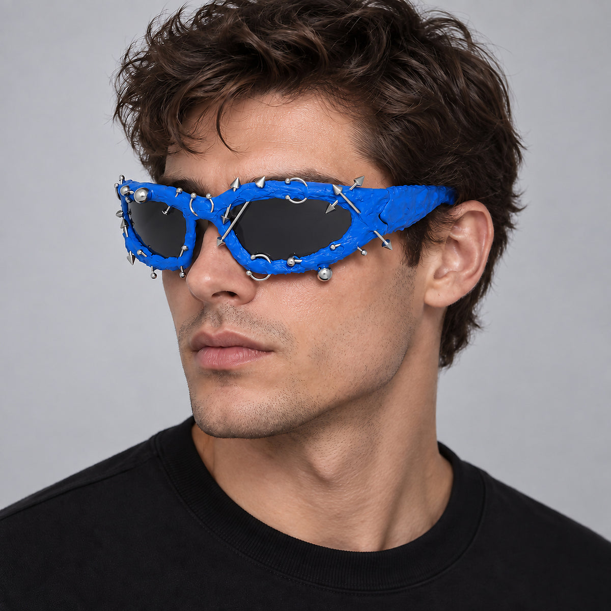 Studded Gothic Shield Sunglasses - blue worn view