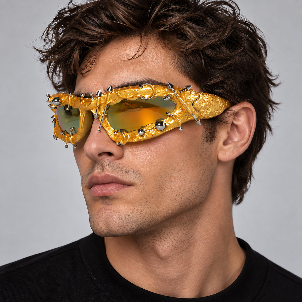 Studded Gothic Shield Sunglasses - gold worn view