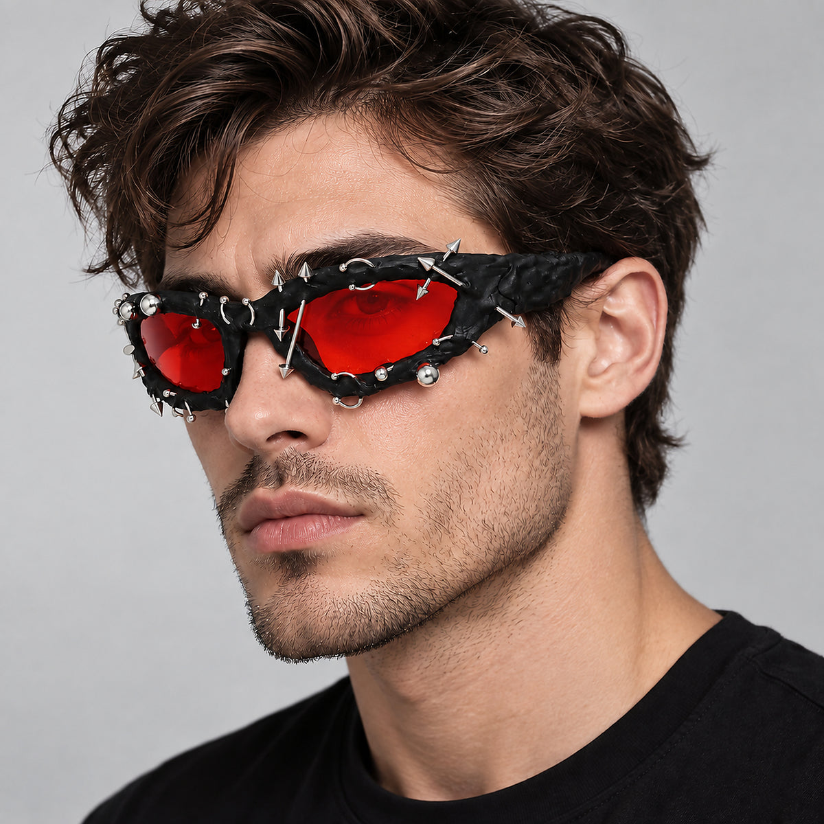 Studded Gothic Shield Sunglasses - black/red lens worn view