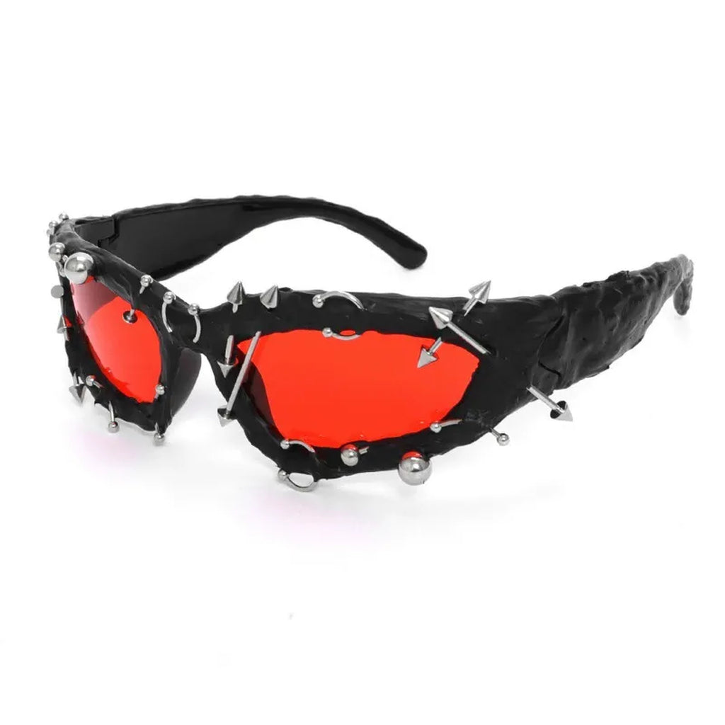 Studded Gothic Shield Sunglasses - black/red lens product view