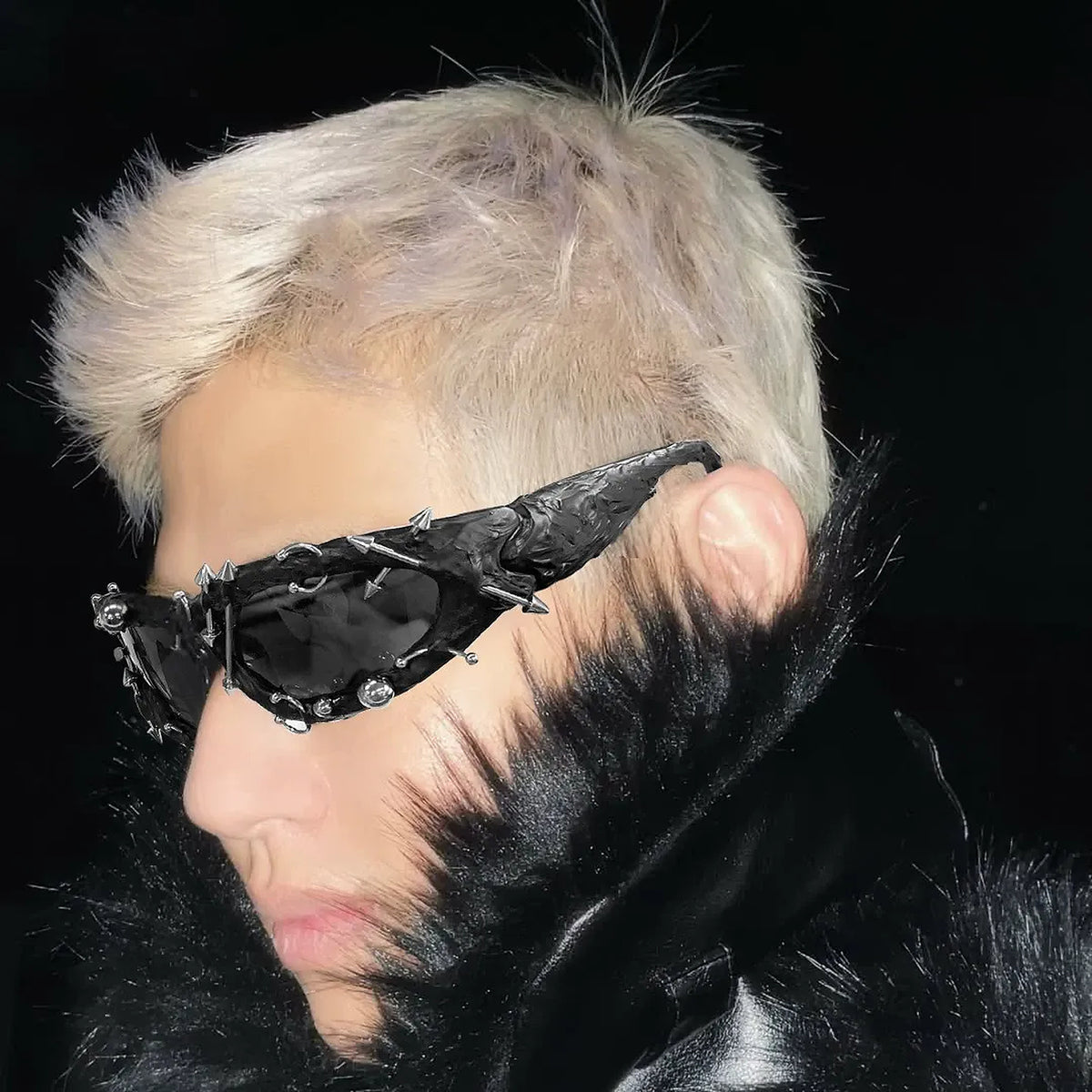 Studded Gothic Shield Sunglasses - black worn view