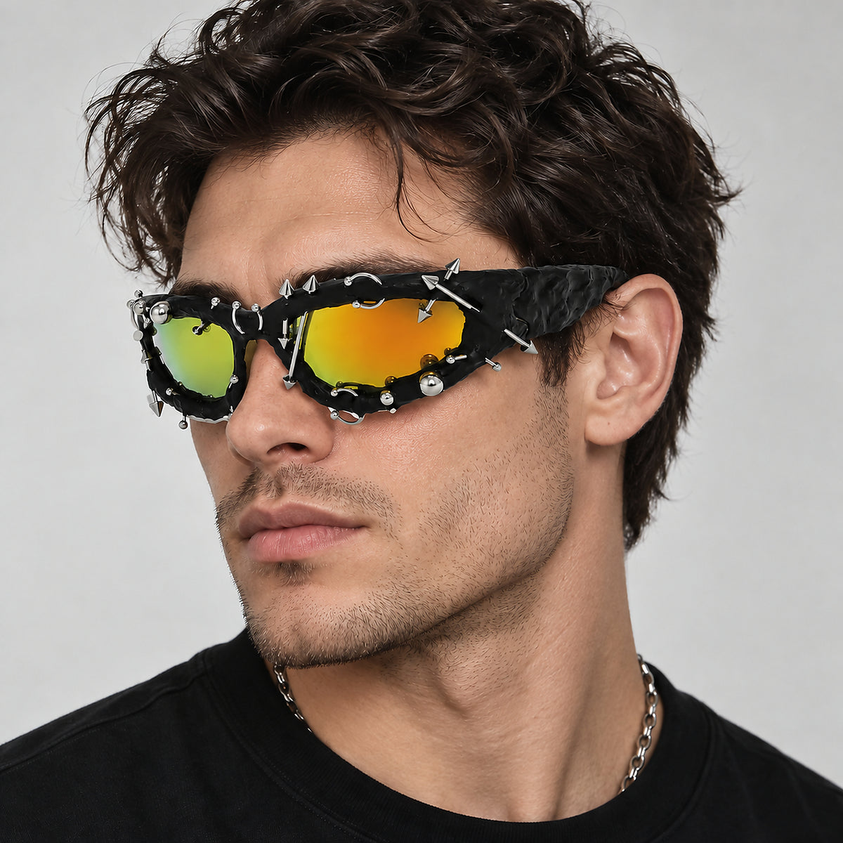 Studded Gothic Shield Sunglasses - black/yellow lens worn view
