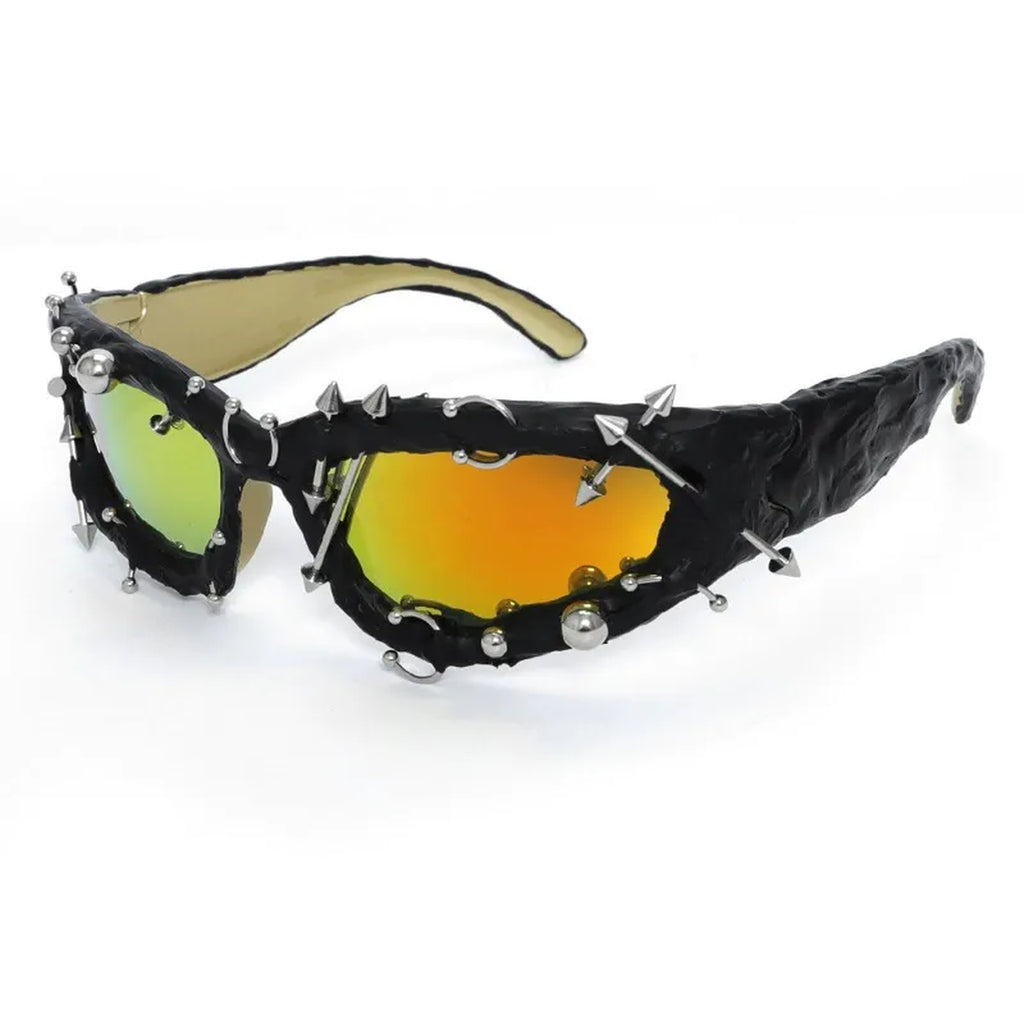 Studded Gothic Shield Sunglasses - black/yellow lens product view