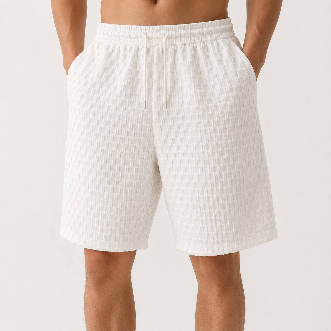 VAREN FORM Textured Ice Silk Five-Inch Shorts white model front