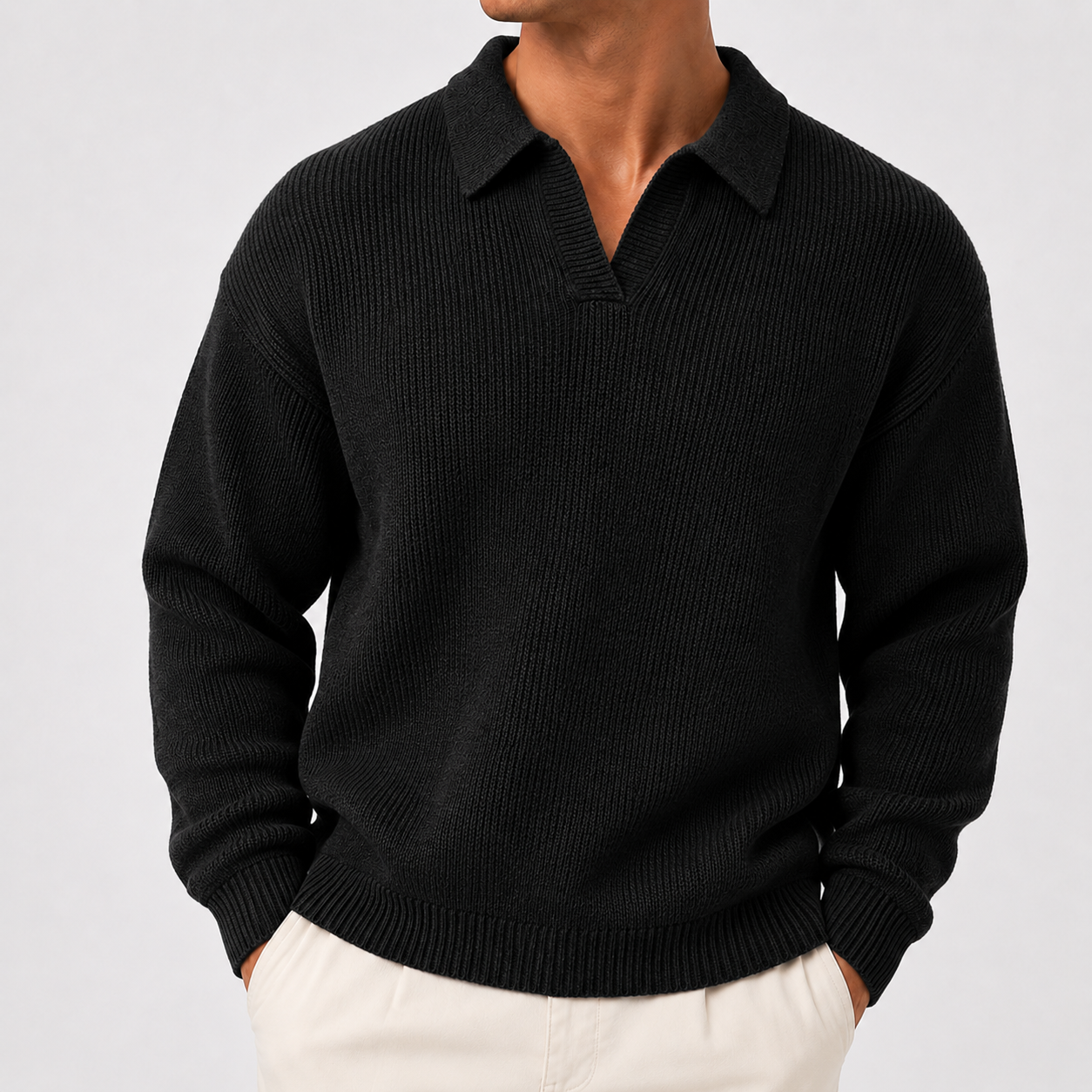VAREN FORM Textured Long Sleeve Knit Polo Sweater black model front