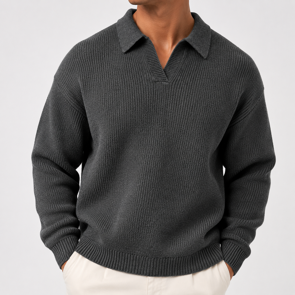 VAREN FORM Textured Long Sleeve Knit Polo Sweater charcoal grey model front