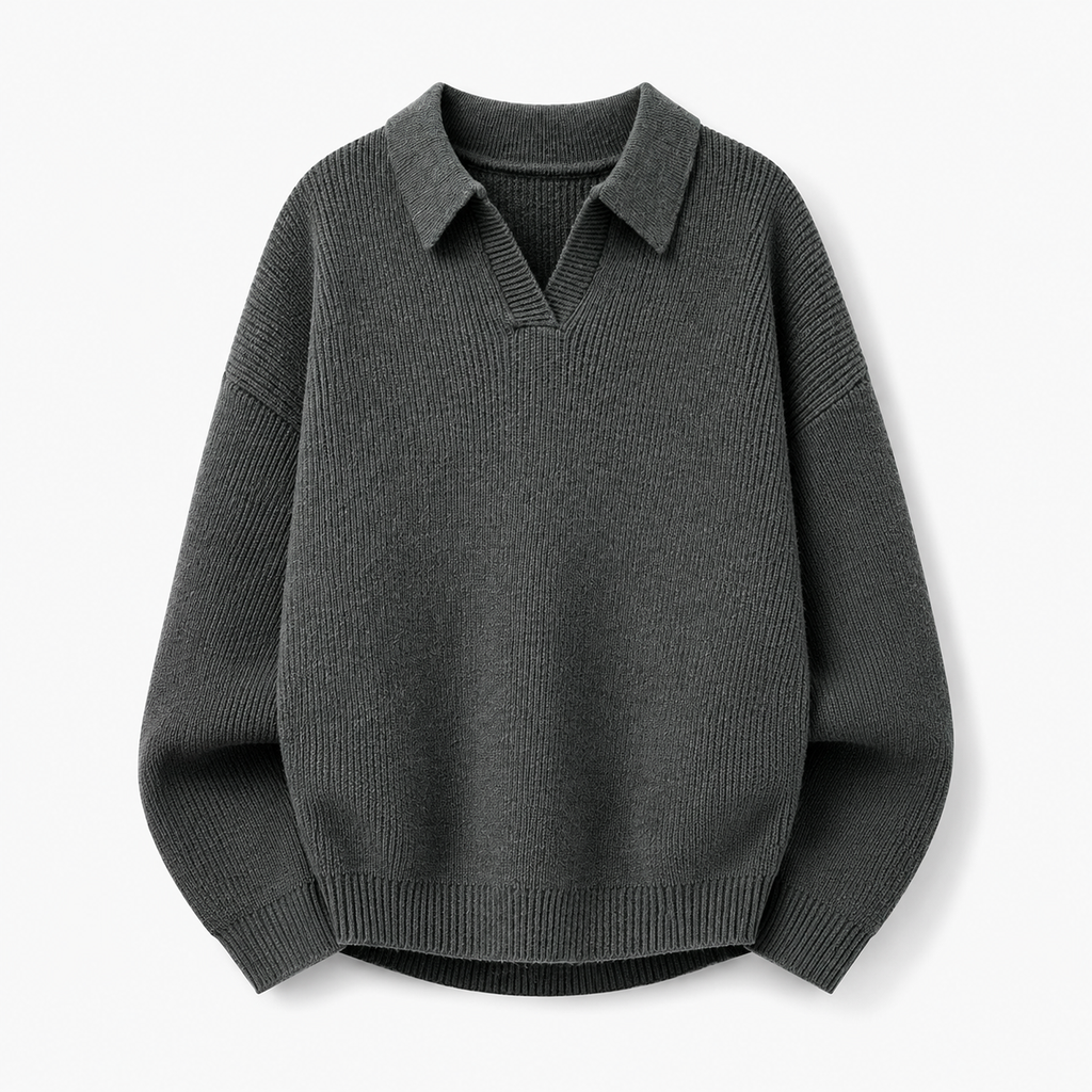 VAREN FORM Textured Long Sleeve Knit Polo Sweater charcoal grey product front