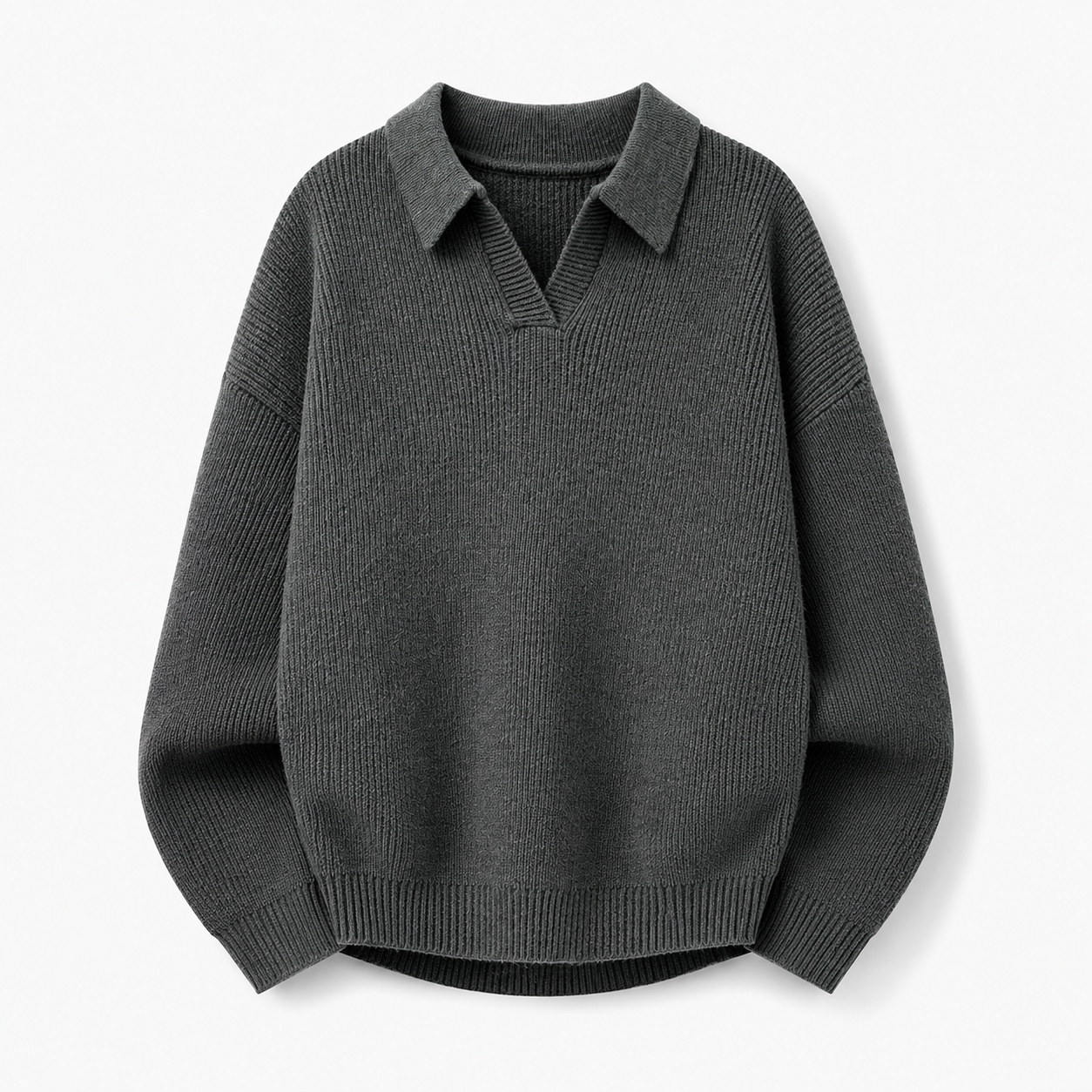 VAREN FORM Textured Long Sleeve Knit Polo Sweater charcoal grey product front