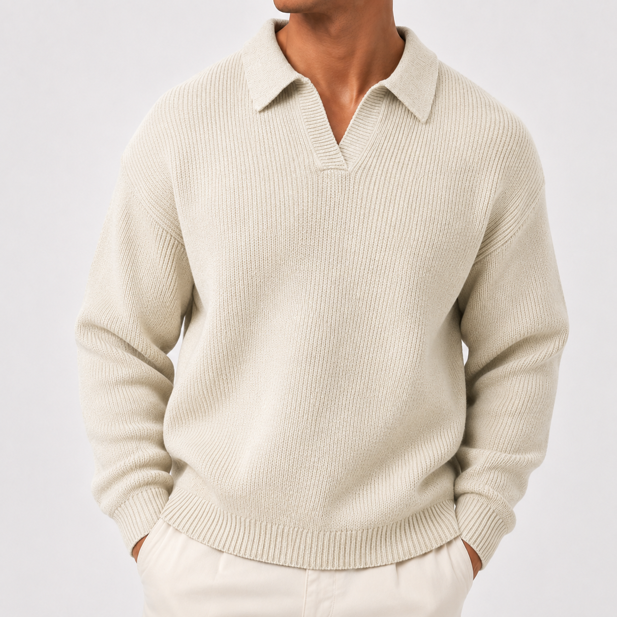 VAREN FORM Textured Long Sleeve Knit Polo Sweater ivory model front