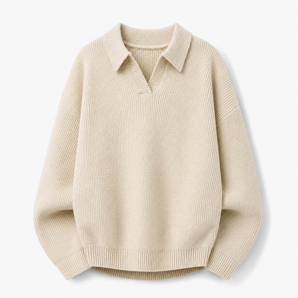 VAREN FORM Textured Long Sleeve Knit Polo Sweater ivory product front
