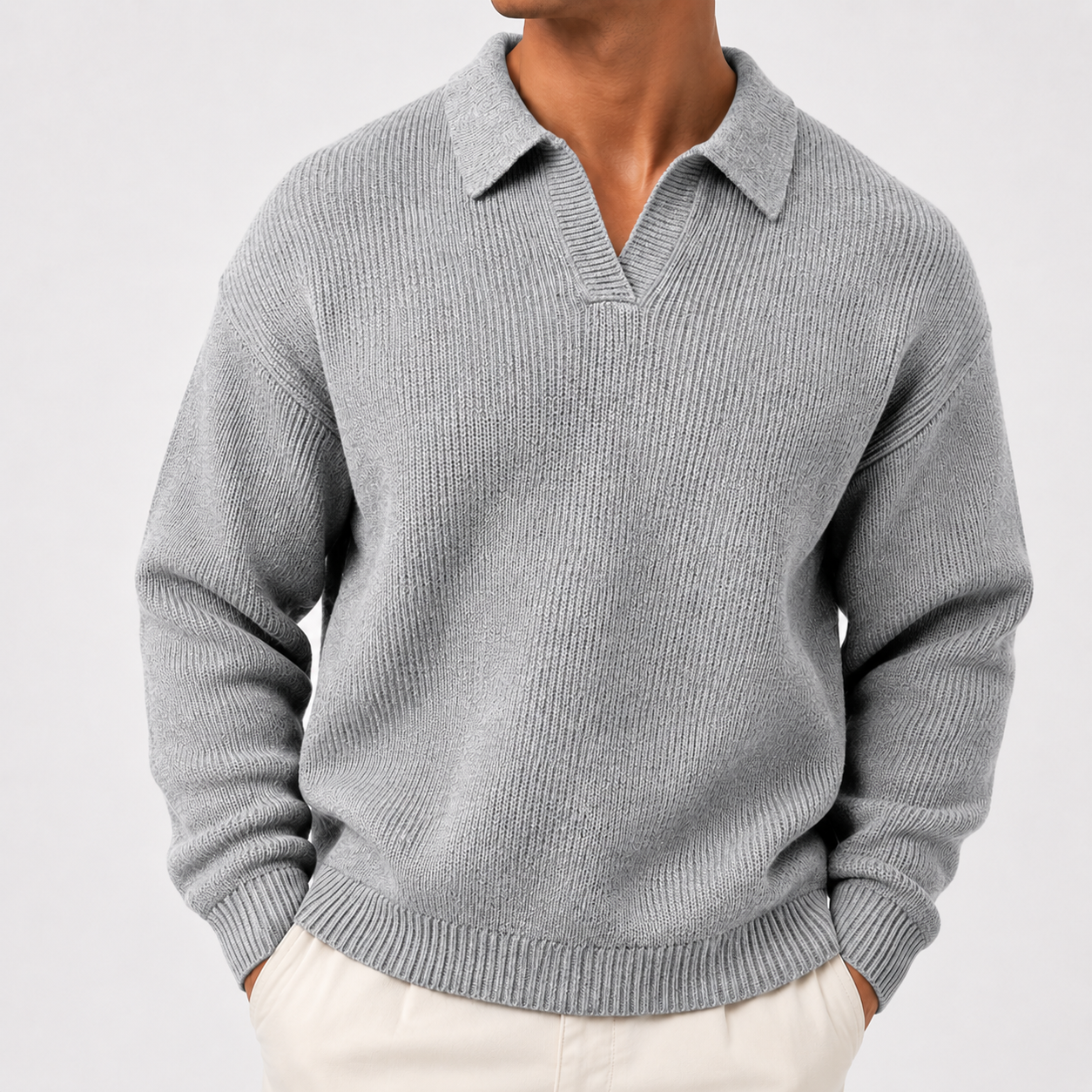 VAREN FORM Textured Long Sleeve Knit Polo Sweater light grey model front