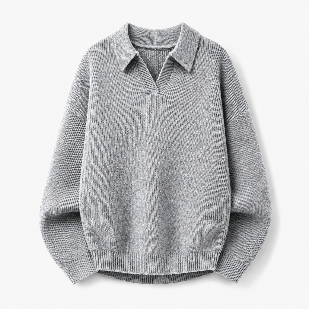VAREN FORM Textured Long Sleeve Knit Polo Sweater light grey product front
