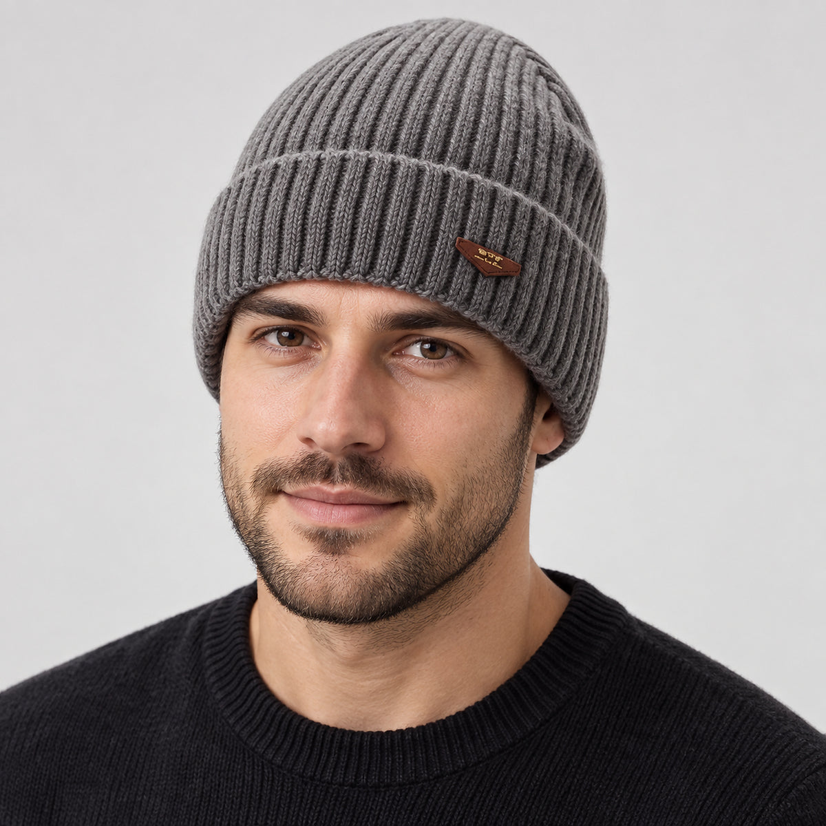 Unisex Fleece-Lined Winter Beanie - light gray worn view