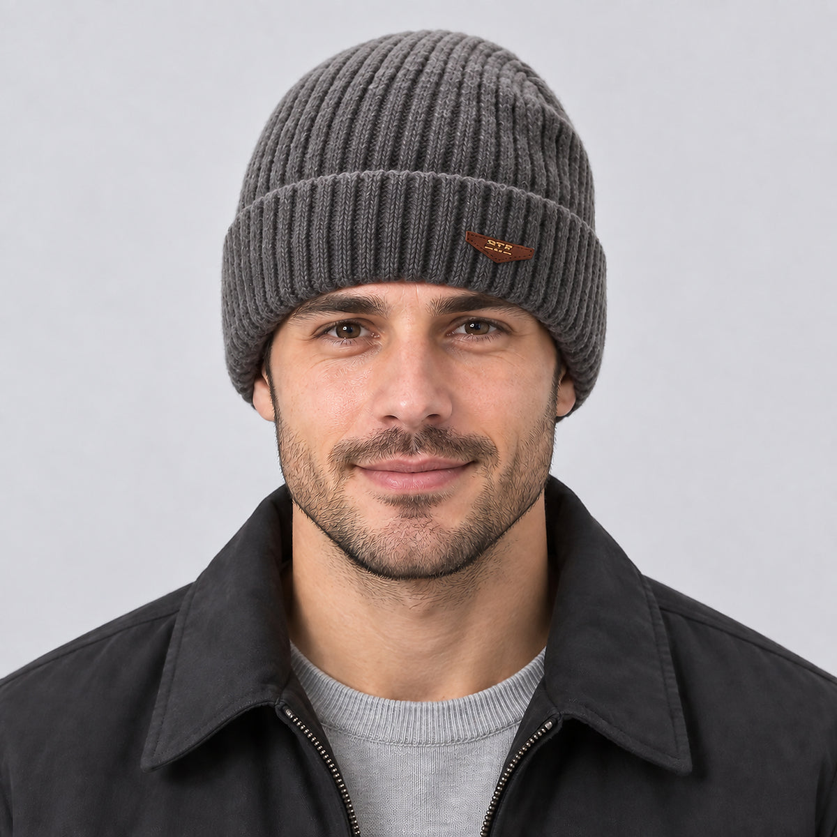 Unisex Fleece-Lined Winter Beanie - gray worn view