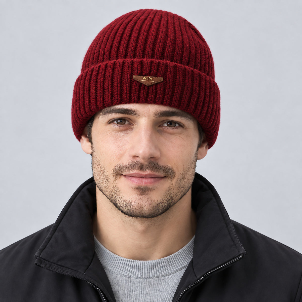 Unisex Fleece-Lined Winter Beanie - red worn view