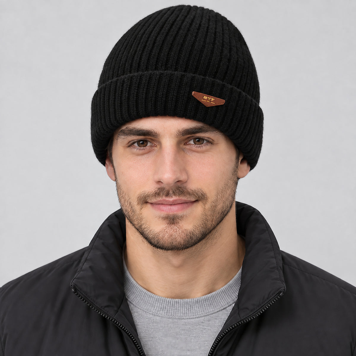 Unisex Fleece-Lined Winter Beanie - black worn view