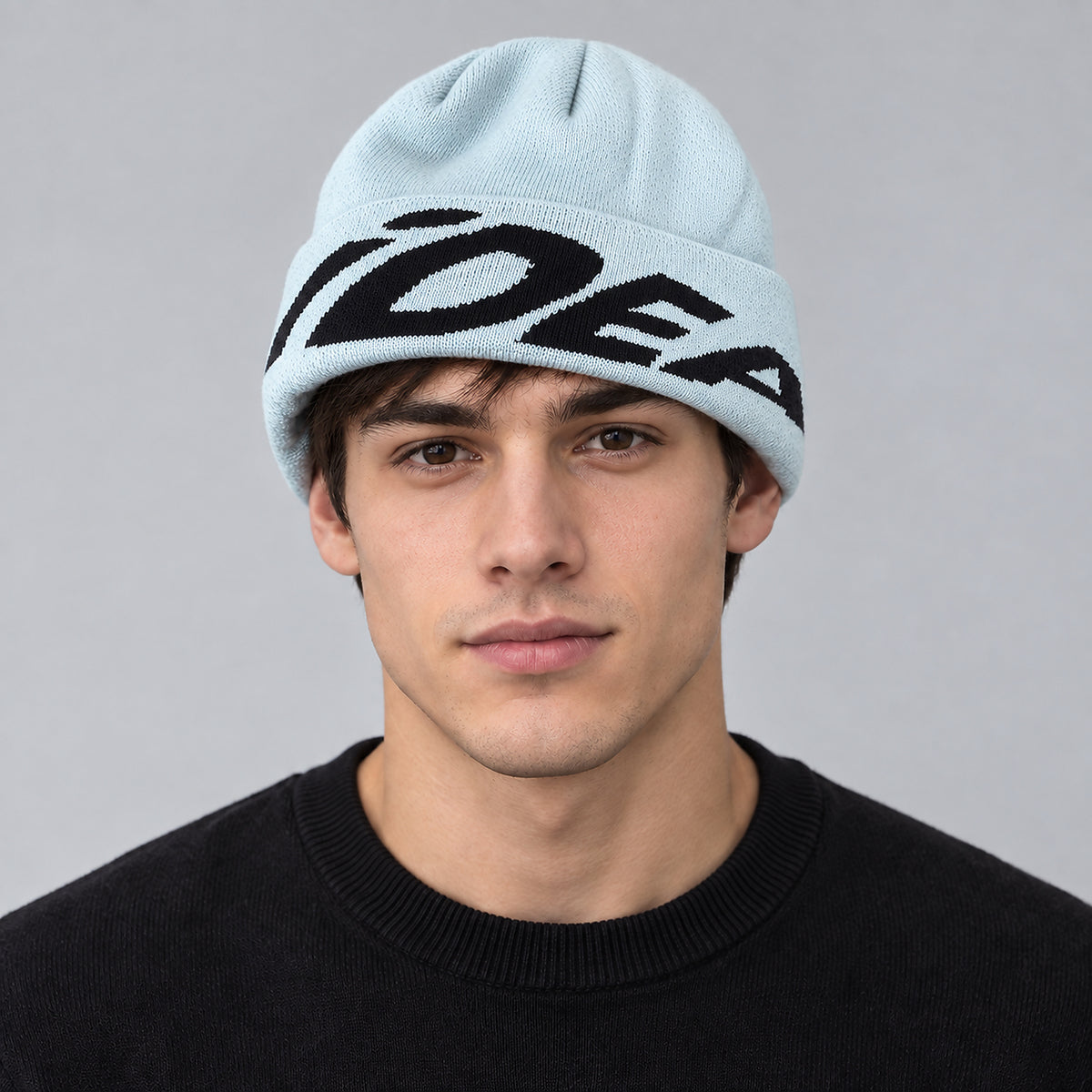 Unisex Ribbed Outdoor Knit Beanie - light blue worn view