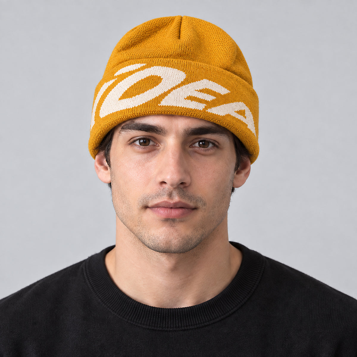 Unisex Ribbed Outdoor Knit Beanie - yellow worn view